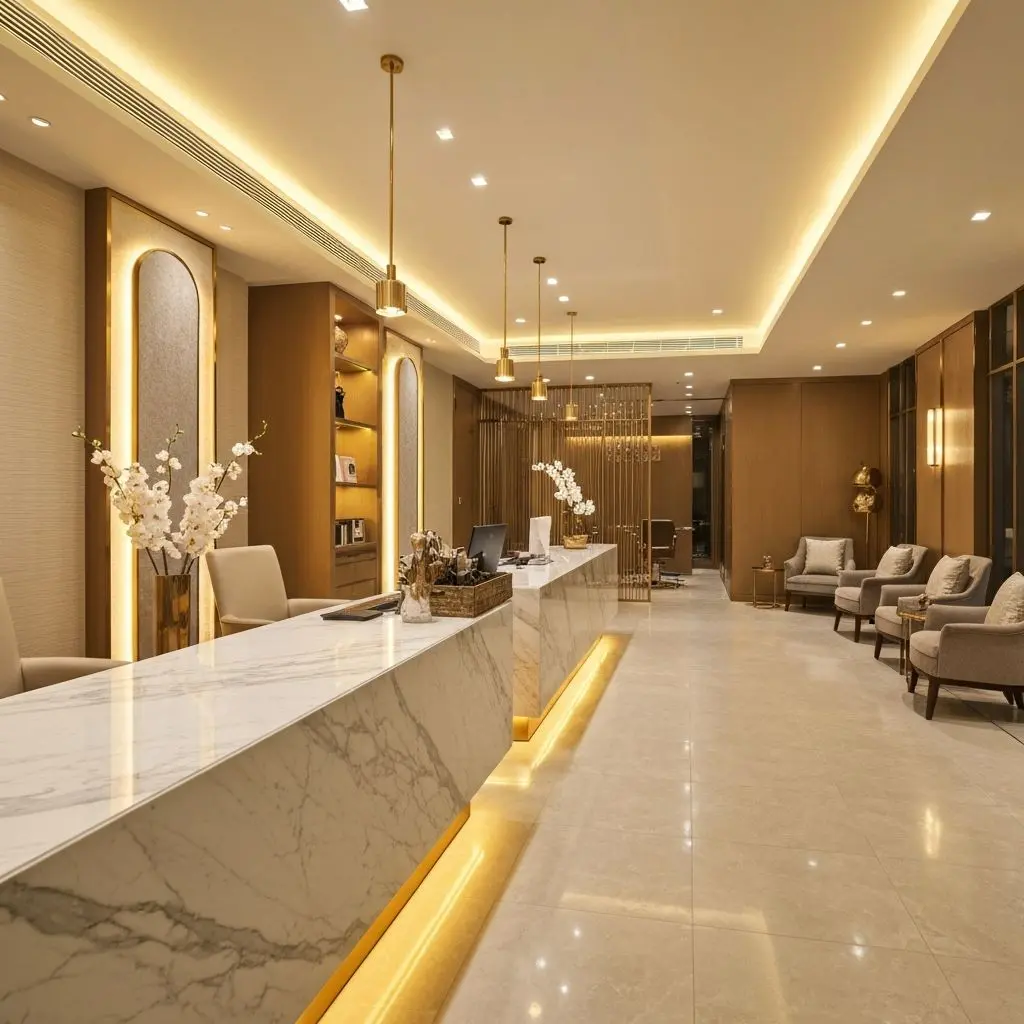 Interior of Lucre Salon — luxurious modern beauty studio with gold accents